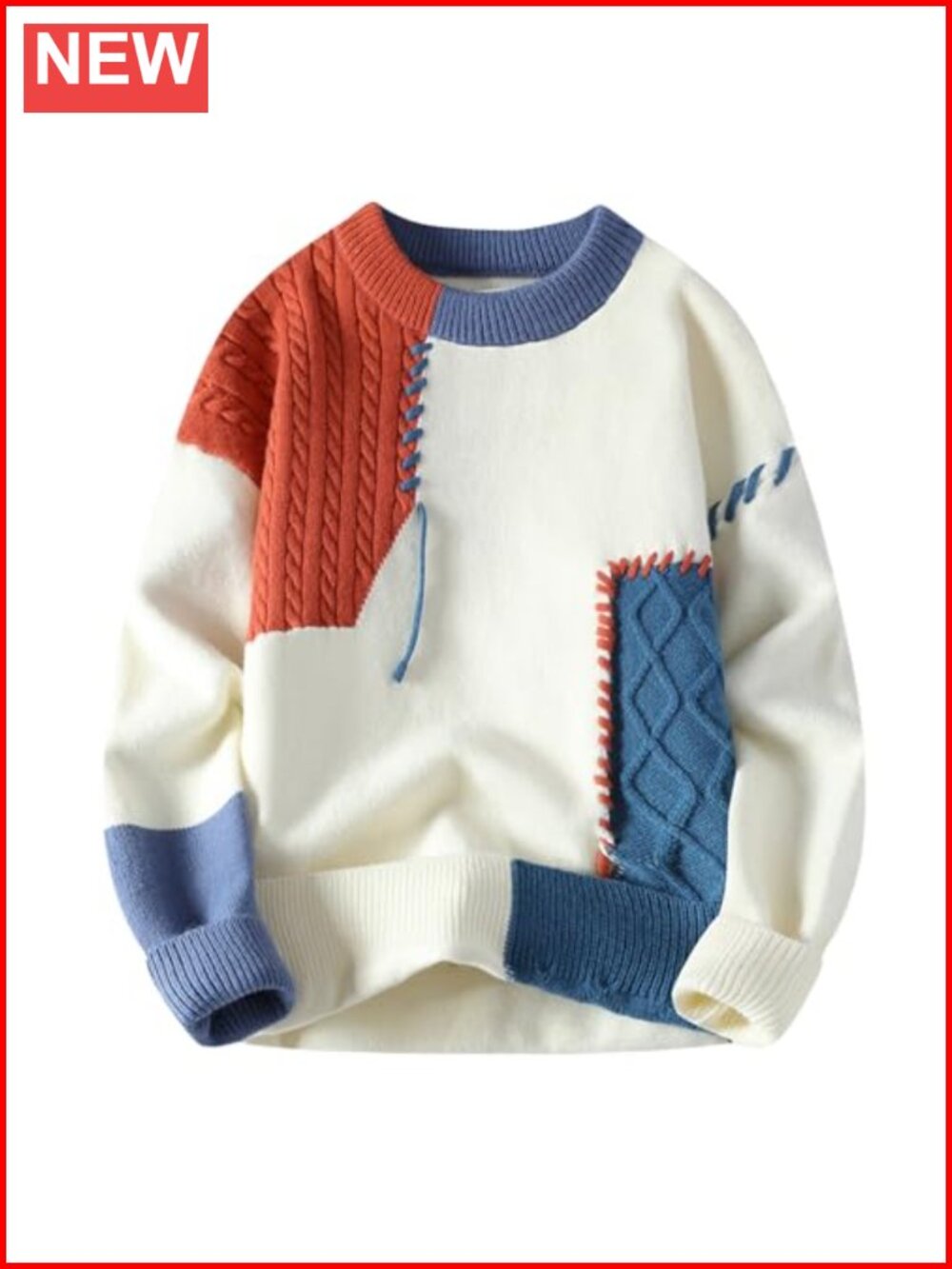 Mens Color Block Patchwork Sweater Oversized Cable Knit Pullover Crew Neck